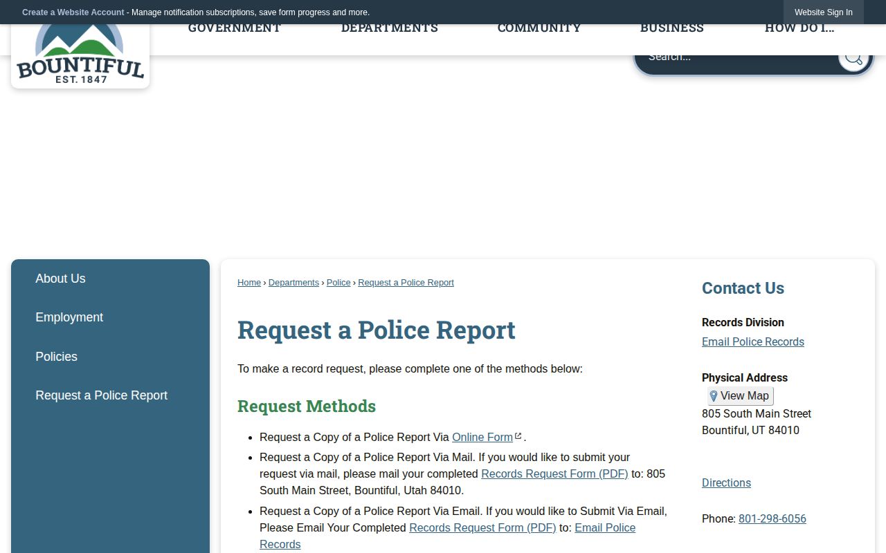 Bountiful Police report request page for a city arrest record