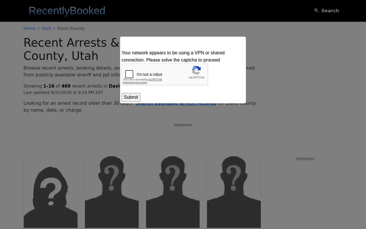 Davis County secondary booking record page