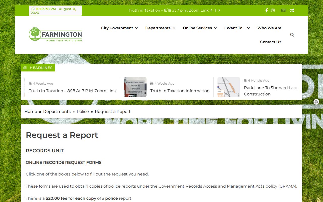 Farmington Police report request page for a city arrest record