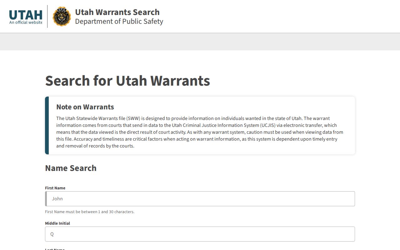 Utah Warrant Search interface for a Davis County warrant check